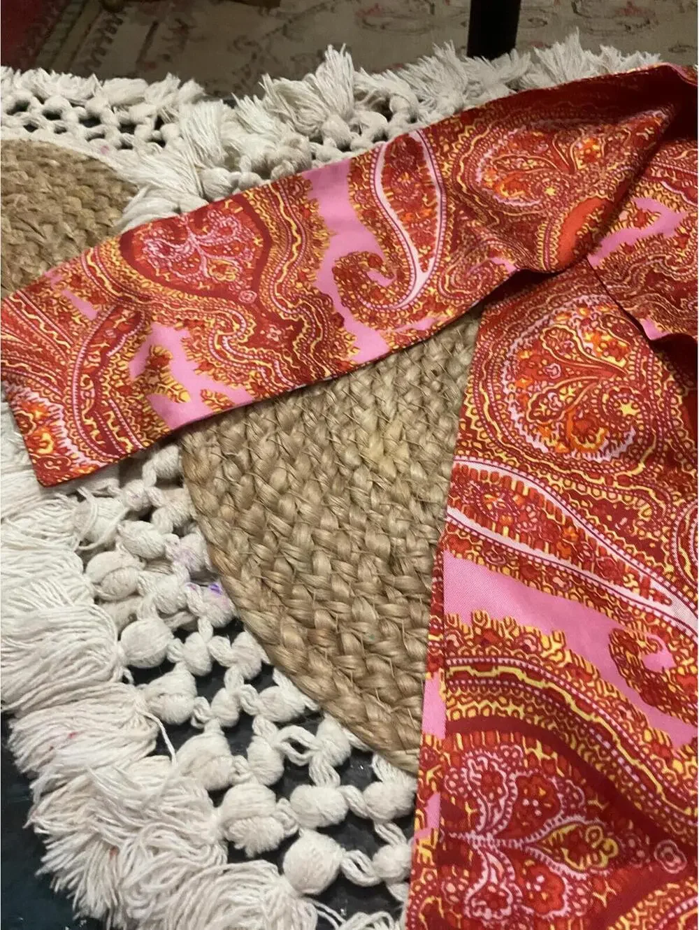 Vintage-Inspired Silk Paisley Print Scarf Hair Tie/ Belt in Pink and Orange